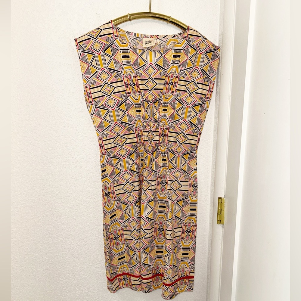 MATA TRADERS The cap sleeve smocked waist global print dress SZ: Medium
